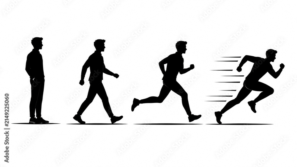 Obraz premium Silhouette sequence of a man standing walking jogging and running fast.