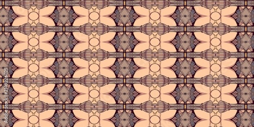 Фотография Elegant geometric repeat pattern with ornate symmetrical flower-like motifs in soft cream and muted gray-brown tones