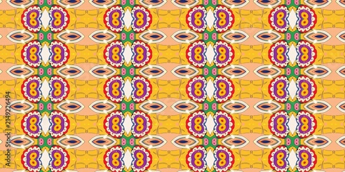 Canvas Print Bold and colorful geometric repeating pattern with intricate symmetrical ornamental motifs in bright yellow, pink, and purple