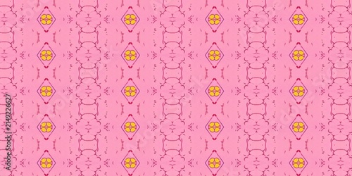 Obraz na plátně Intricate geometric repeat pattern featuring structured vertical columns with pink and yellow symmetrical motifs