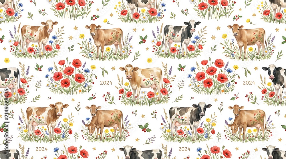 Cows Grazing in Floral Meadow Pattern.