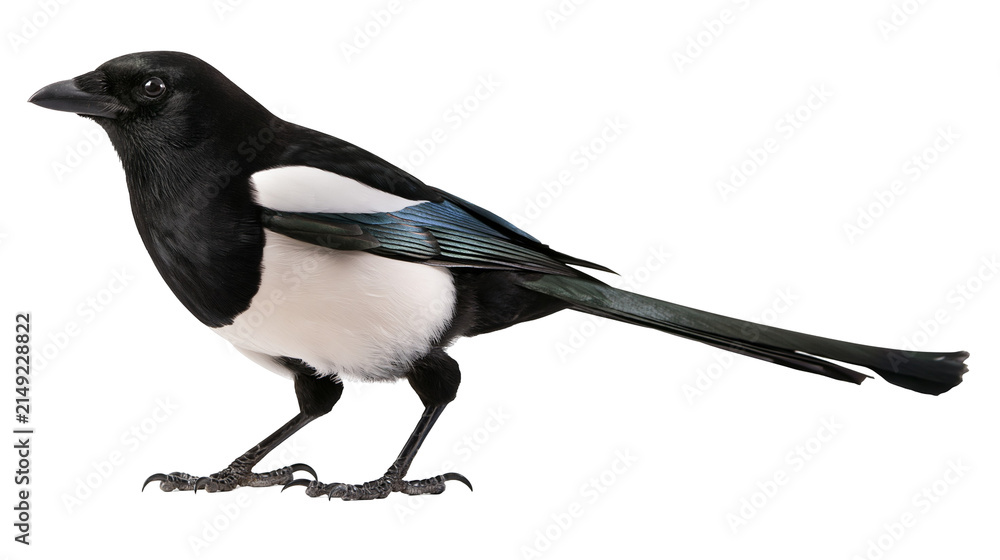 Obraz premium Black and white magpie bird with iridescent blue-green wing feathers