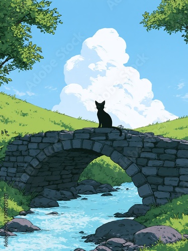 Black cat silhouette on stone bridge overlooking a flowing stream on a sunny day