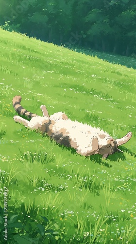 Calico cat rolls playfully on a sunlit grassy hill with wildflowers