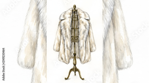 Watercolor illustration of an elegant white fur coat displayed on a vintage gold mannequin stand.