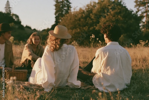 Four young friends enjoying a serene picnic in a sun-drenched meadow at golden hour