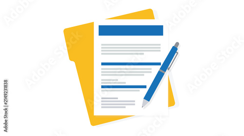 Business Document Paperwork Contract Form with Blue Pen and Folder Isolated on Transparent Background.