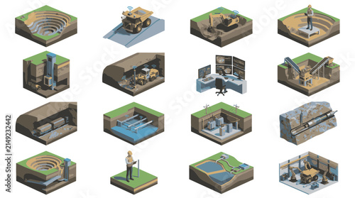 Mining operations and geological exploration sites are depicted through a detailed set of isometric cross-section illustrations showing drilling equipment, subterranean excavation, and site.