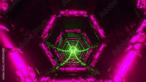 Dark Futuristic Hexagonal Tunnel Loop Illuminated with Purple and Green Neon Lighting. Looped 3D rendering