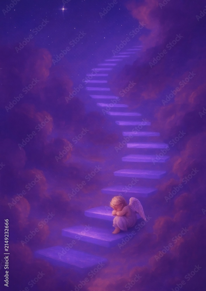 Naklejka premium Ethereal stairway with angelic presence.