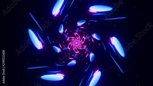 Abstract Rotating Kaleidoscope Tunnel Loop with Pink and Blue Neon Glow. Looped 3D rendering