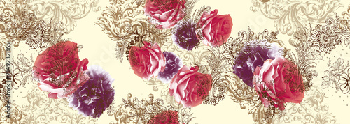 Cuadro en lienzo A beautiful floral pattern with roses and elegant gold designs