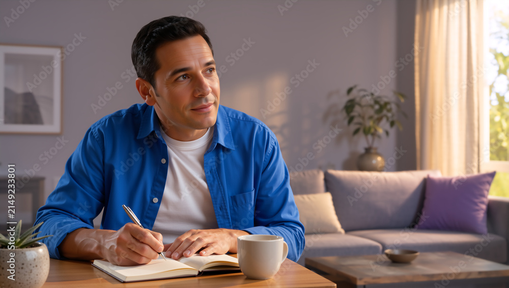 Fototapeta premium Thoughtful man writing in a notebook at home. Adult male sitting at a table in a sunlit living room planning and journaling. Freelance writer working indoors