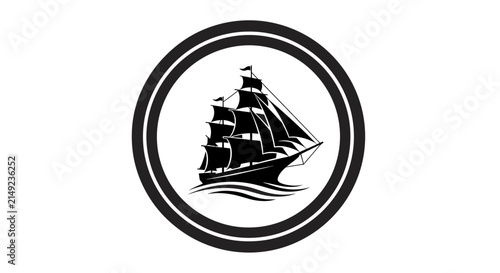 Vintage style illustration of a tall ship sailing vessel silhouette in a circular frame. Classic maritime adventure and travel emblem.