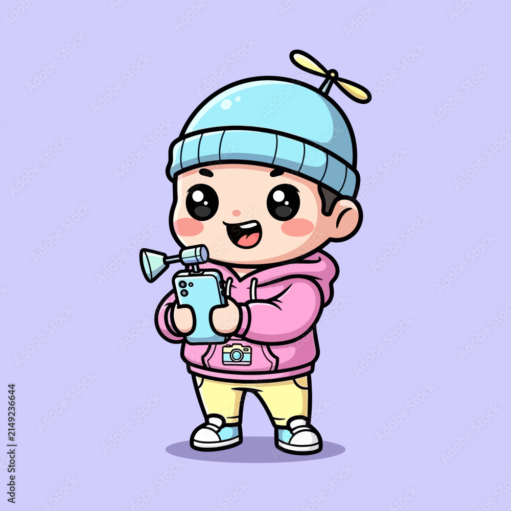 Fototapeta premium Cute cartoon child holding smartphone with propeller hat.