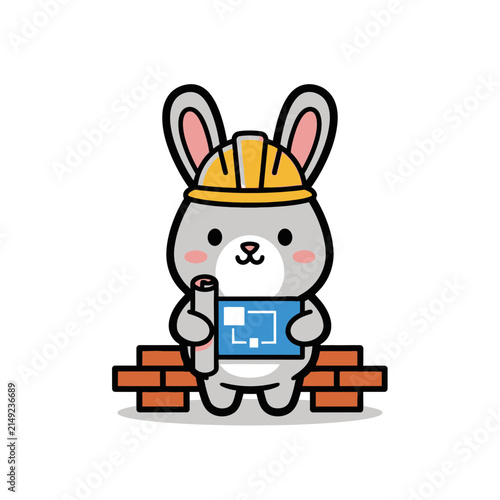 Cute cartoon rabbit holding laptop and blueprints.