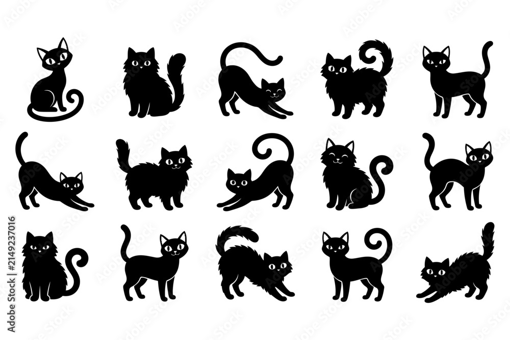 Fototapeta premium Set of fifteen different black cat silhouettes in various poses isolated on a white background for design