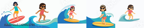 Flat vector illustration of a little girl surfing in the summer