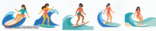 Canvas Print Flat vector illustration of a woman surfing in the summer