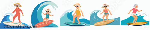 Canvas Print Flat vector illustration of a grandma surfing in the summer