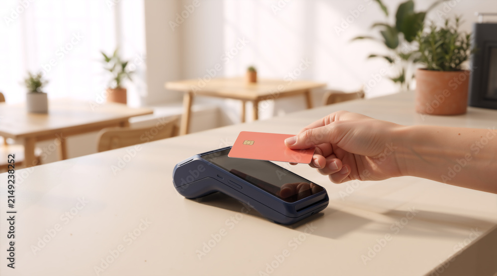 Fototapeta premium Hand holding coral credit card over contactless payment terminal. Cashless transaction in warm sunlit cafe. Close-up of chip card reader on counter