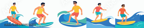Canvas Print Flat vector illustration of a man surfing in the summer