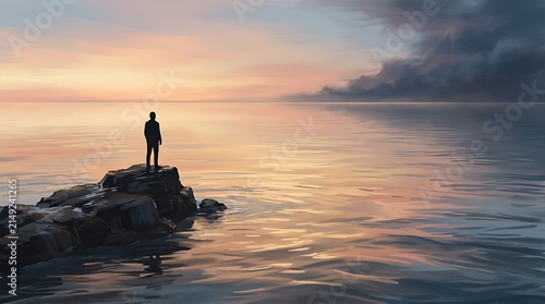 Man standing on rocky cliff edge overlooking calm sea during soft sunset sky digital painting style melancholic mood and solitude
