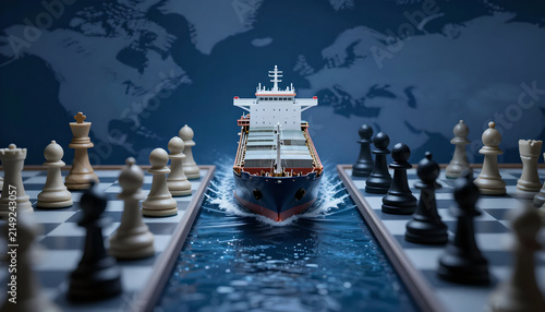 Cargo Ship Navigating Chessboard in Trade Risk Concept: Food Security