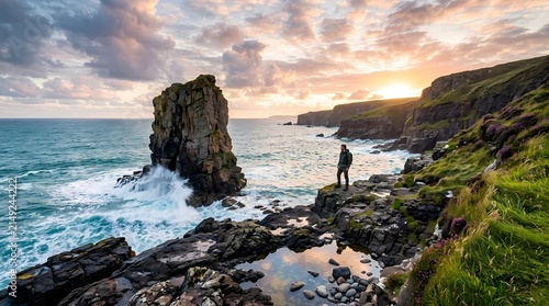 Scenic coastal landscape with rocky shoreline at sunset