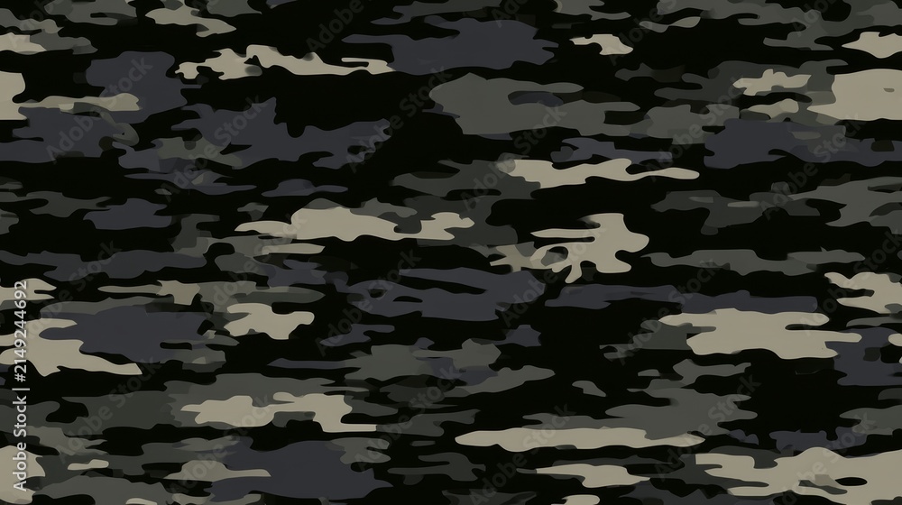 Military camouflage seamless texture with geometric pattern in black fabric style, featuring army clothing design, hunting material, tactical background, and outdoor survival concepts