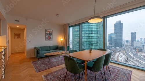 Modern apartment interior with city view featuring furniture and decor