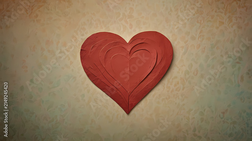 Layered red paper heart with embossed organic texture on warm handmade paper background