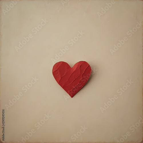 Small red paper heart on warm cream textured background with generous minimalist romantic copy space