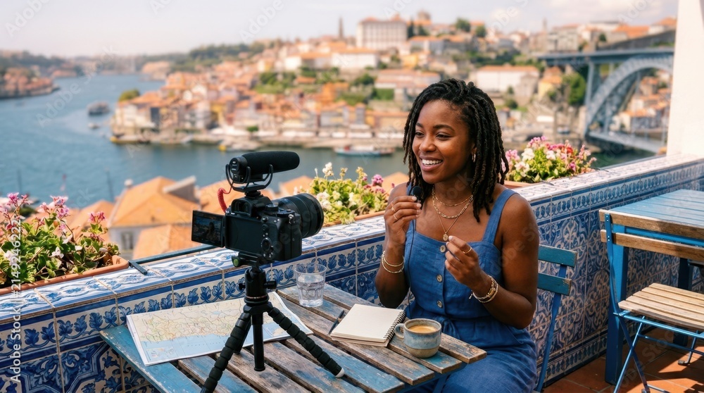 Fototapeta premium Young woman vlogging on a balcony with a scenic European city view
