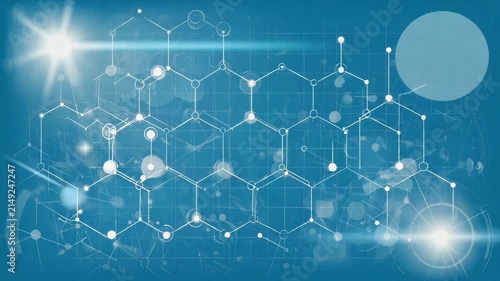 A video showcasing a futuristic molecular structure with glowing connections and nodes in a blue background