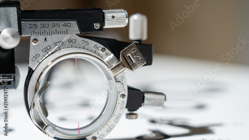 Close-up of a frame for testing a patient's vision. Eye examination by an ophthalmologist