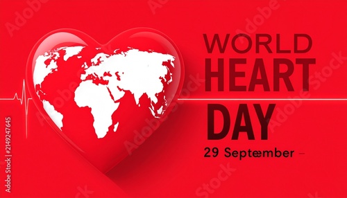 Red heart globe with ECG line, World Heart Day poster.