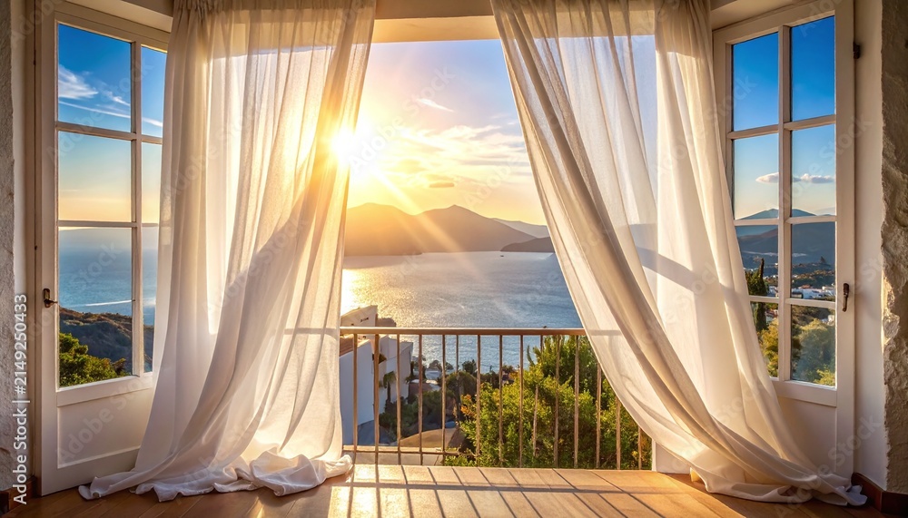 Obraz premium Golden sunset light streams through open balcony doors with blowing white curtains, revealing a peaceful ocean view. This serene room offers a tranquil summer escape. Nobody around.