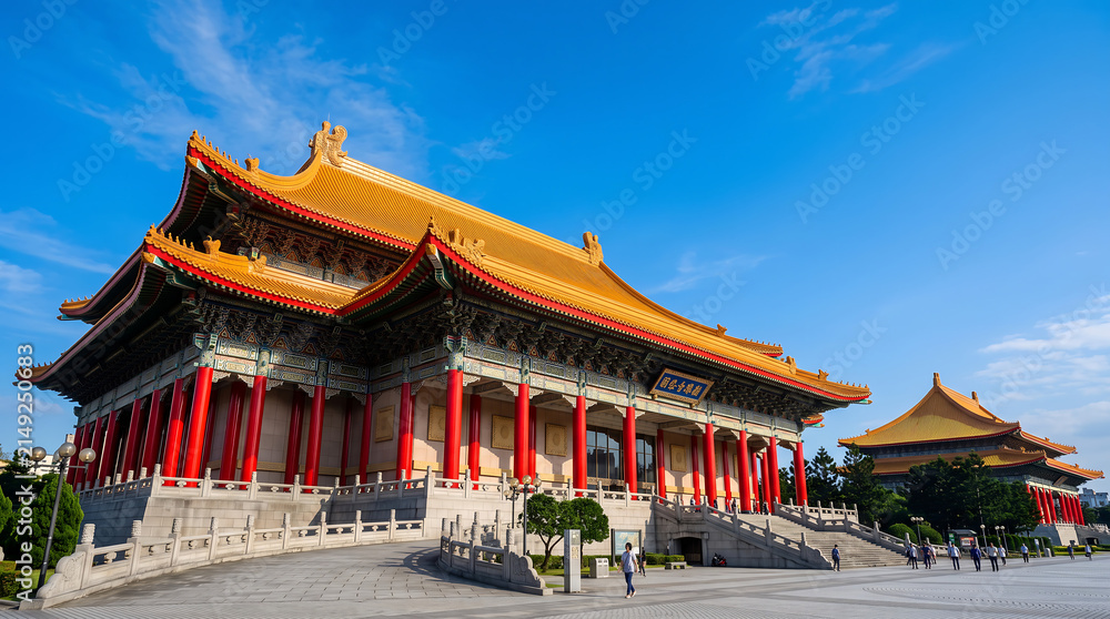 Fototapeta premium National chiang kaishek memorial hall in taipei, taiwan, featuring traditional chinese architecture with a golden roof and red pillars against a clear blue sky
