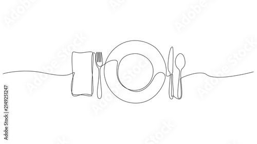 animated continuous line art illustration of a place setting featuring plate, fork, knife, spoon and napkin. restaurant menu, dining, catering, food and culinary concepts. line art animation