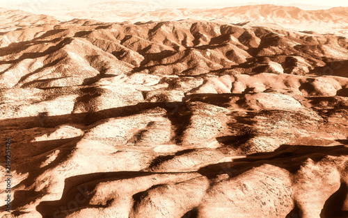 Cuadro en lienzo An abstract aerial view of a desolate, arid mountainous terrain with deep shadows cast across the rugged landscape under a pale sky, abstract colors, textures, aerial perspective