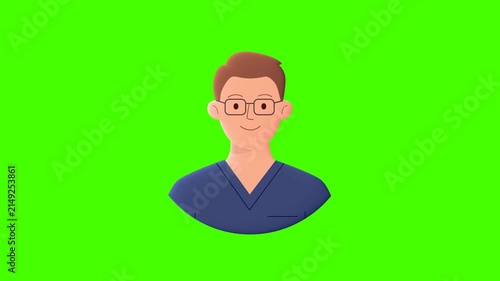Male doctor with glasses, loop 4k video, 2d animation, alpha channel, character avatar