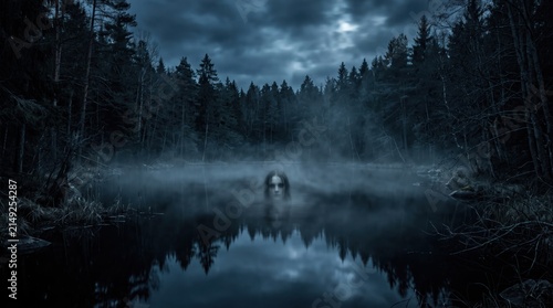 Eerie Encounter in the Mist: A solitary figure emerges from the dark, misty waters of a secluded lake, surrounded by a dense, foreboding forest under a cloudy sky.