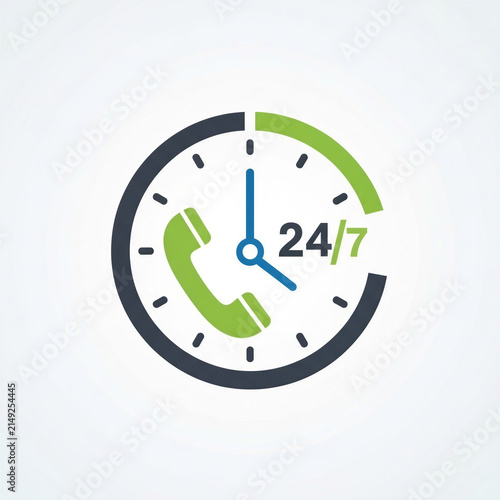 24/7 support phone icon with clock symbol on a white background  