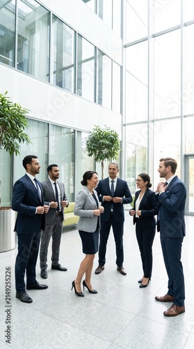 Diverse Group of Successful Business Professionals Talking and Networking in a Modern Corporate Office Atrium