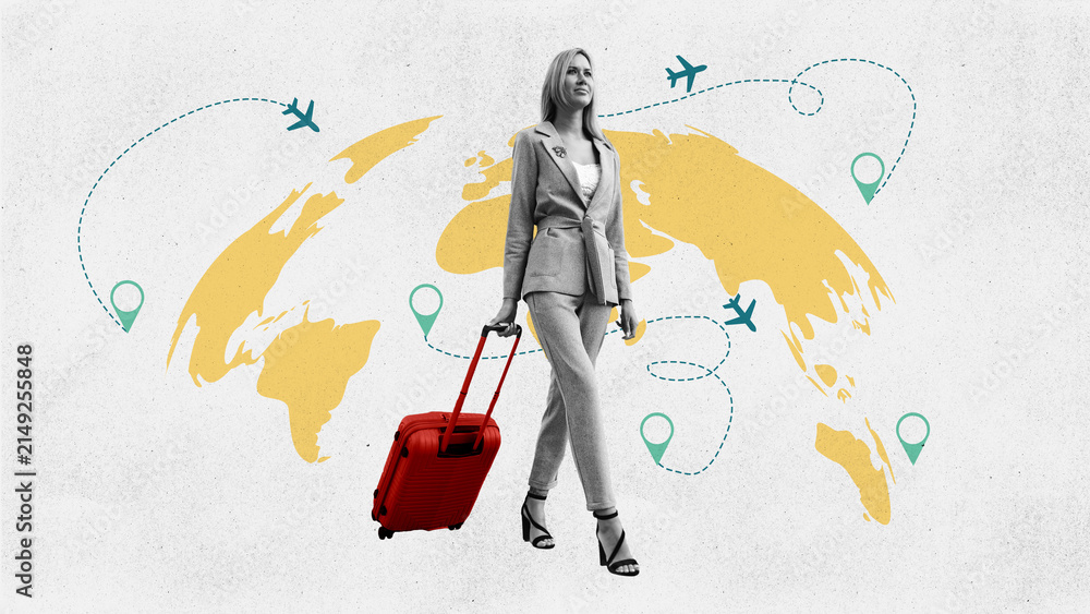 Obraz premium Traveling to new places with luggage and a map of the world showing different flight routes and destinations