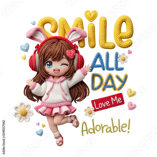 Knitted Crochet Anime Girl Character With Headphones Sticker Graphic Illustration