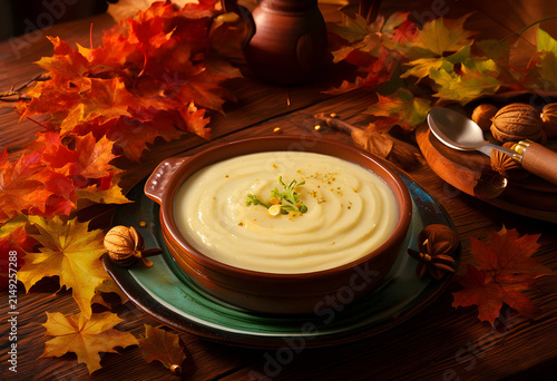 Creamy autumn soup in a rus...