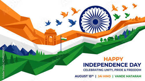 Bild auf Leinwand Indian independence day vector illustration featuring vibrant tricolor geometric