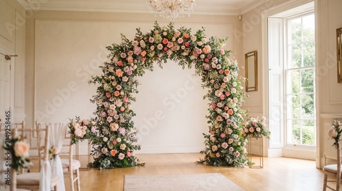 Foto Elegant floral wedding arch with pink roses and greenery, romantic indoor ceremo